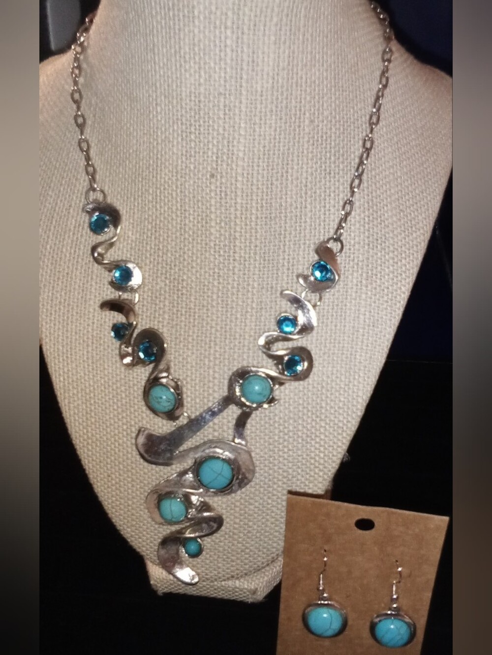 Turquoise Stone Silver Swirl Necklace and Earrings - Women Jewelry